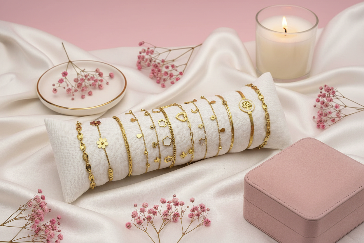 Set Bracelets Dorés Charms - Style Rose Poudré