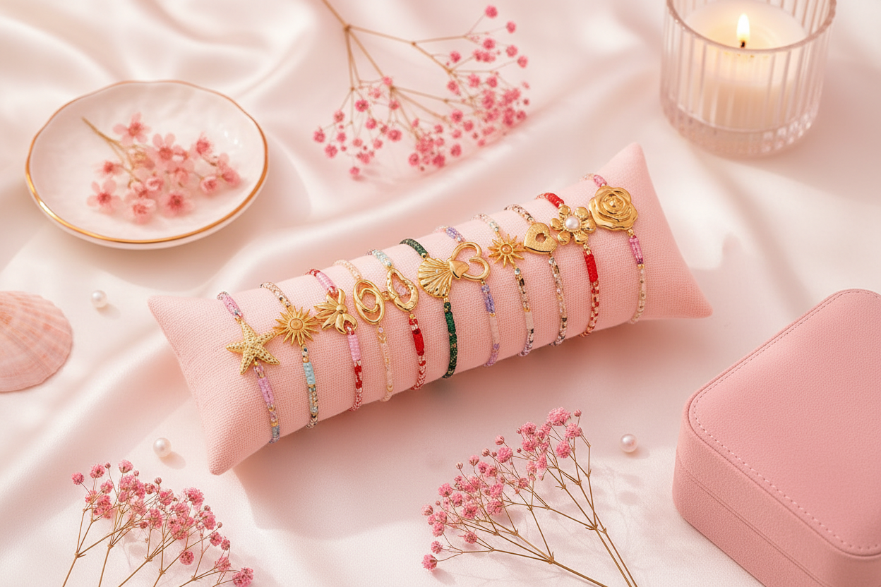 Set Bracelets Breloques Dorées - Style Rose Poudré